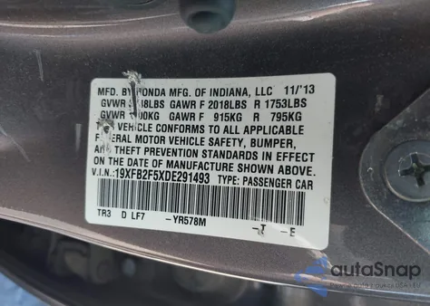 2013 Honda Civic Lx z USA, uszkodzony, nr VIN 19XFB2F5XDE291493